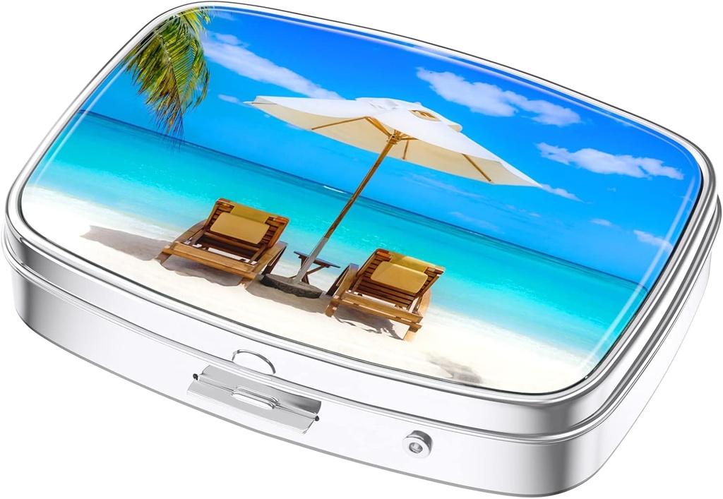 Nipichsha Pill Box, Small Pill Case for Purse & Pocket, Cute Travel Medicine Organizer, Portable Medicine Container Holder to Holding Vitamins, Medication, Fish Oil & Supplements, Happy Beach