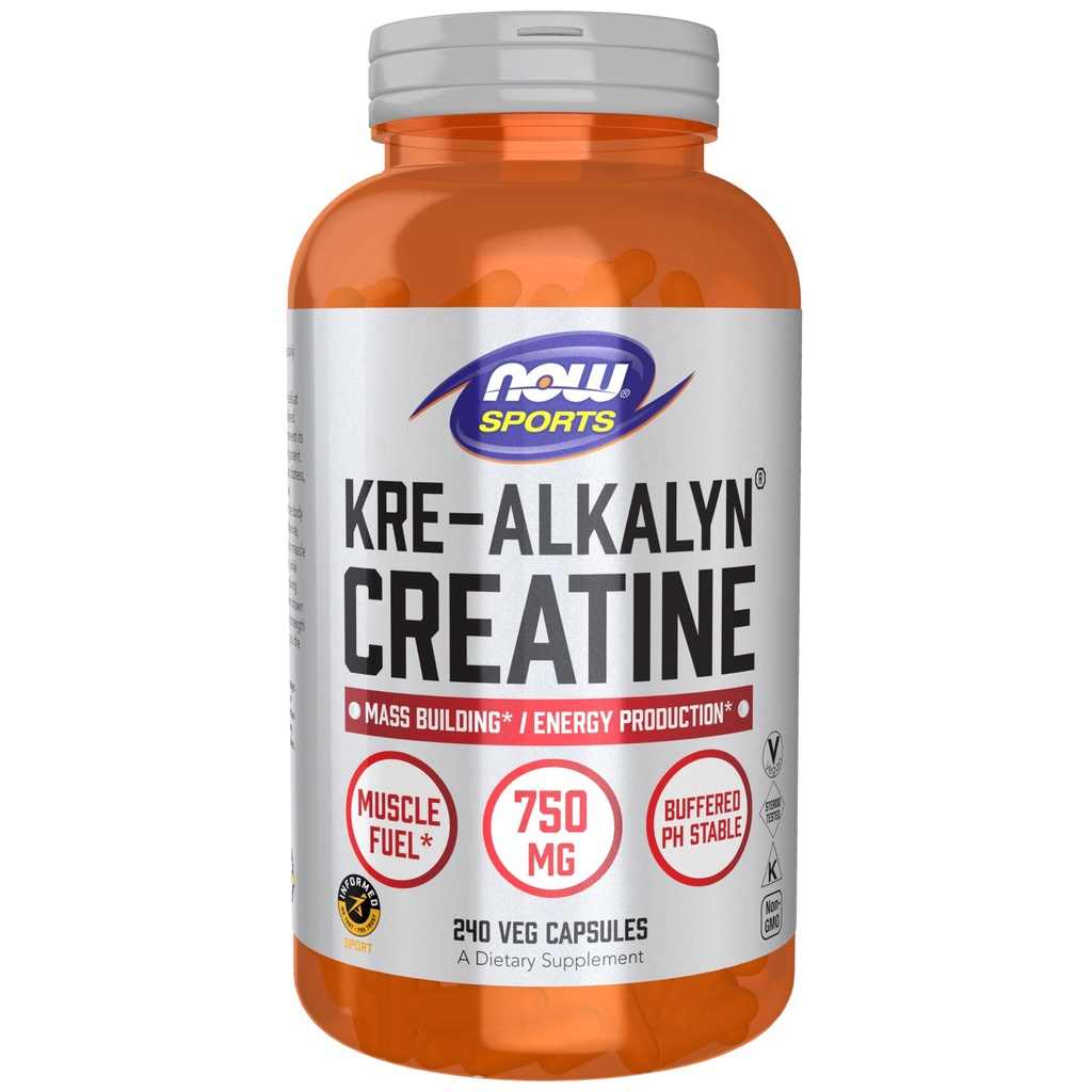 NOW Foods Nutrizione sportiva, Kre-Alkalyn Creatine 750 mg, Mass Building*/Energy Production*, 240 capsule di Veg