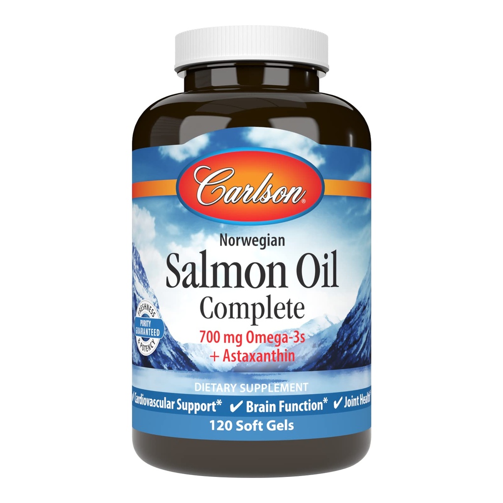 Carlson - Salmon Oil Complete, 700 mg Omega-3s + Astaxantina, Supporto cardiovascolare, Funzione cerebrale & Joint Health, 120 gel morbidi