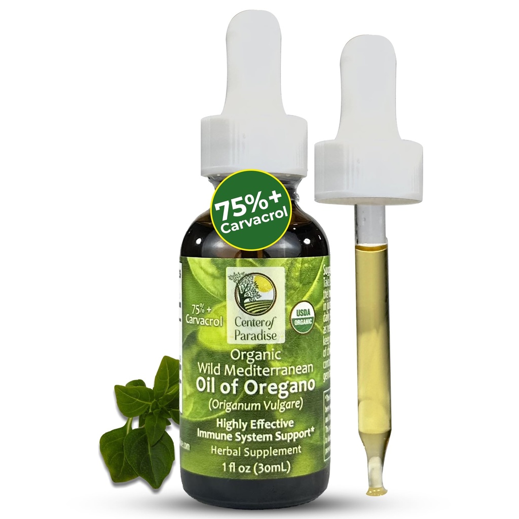 Centro del Paradiso Olio Mediterraneo Selvatico di Oregano con 75%+ Carvacrol (1 fl oz) Olio Biologico Certificato di Organo Gocce in Olio Extra Vergine di Oliva per Immune* & Respiratory* Supporto, Approx 450 Serve