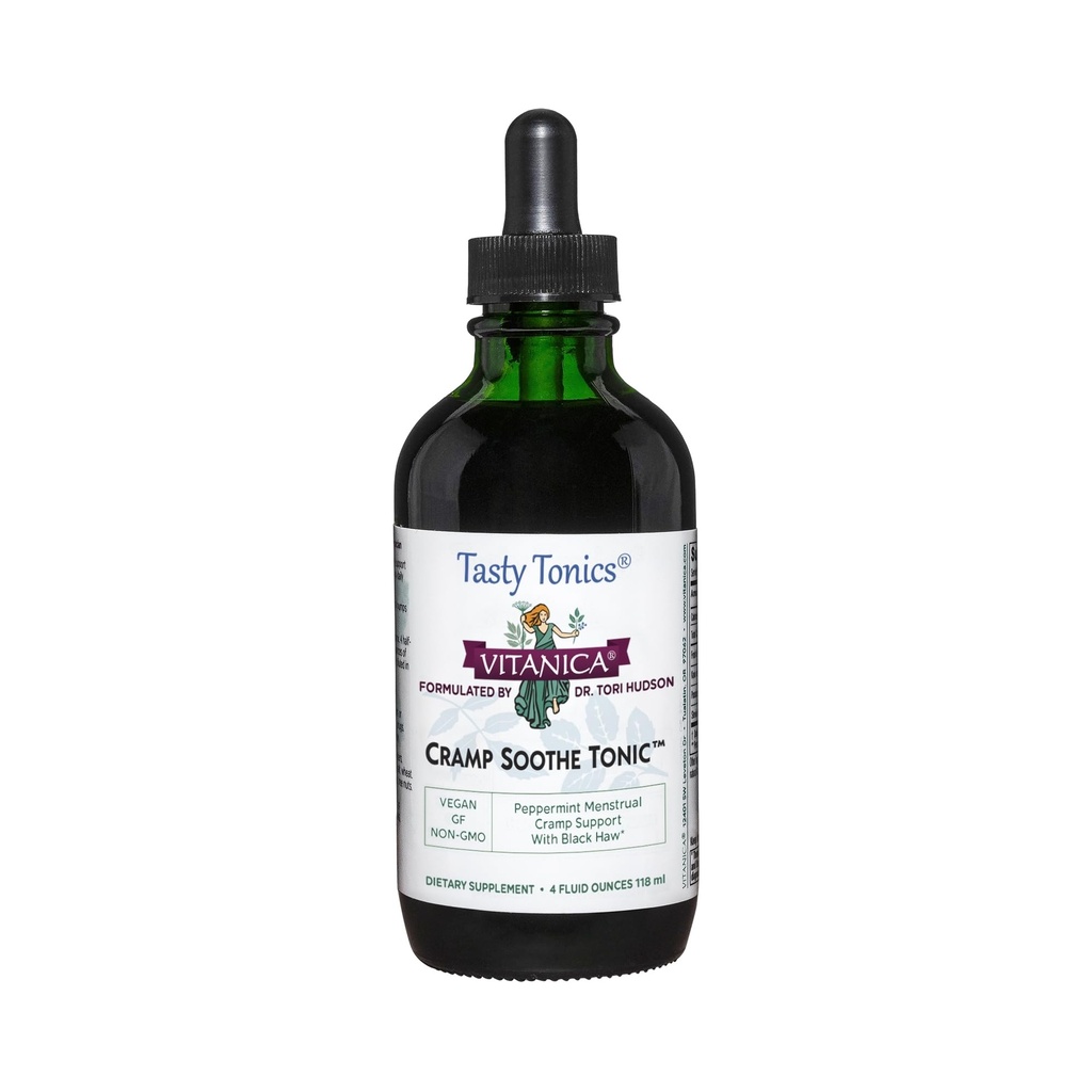 Vitanica Cramp Soothe Tonic, Dr Formulated Menstrual Cramp Support, con Black Haw Bark, Valerian Root, Ginger Root, and Garrya Herb, Alcohol Free, Vegan, 4 once