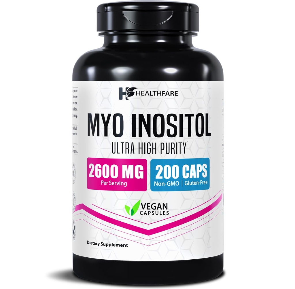 Healthfare Myo Inositol Supplement, 2600mg | 200 Veg Capsule | Ultra Strength | Supporto ovarico sano per le donne | Vitamina B8 per le donne