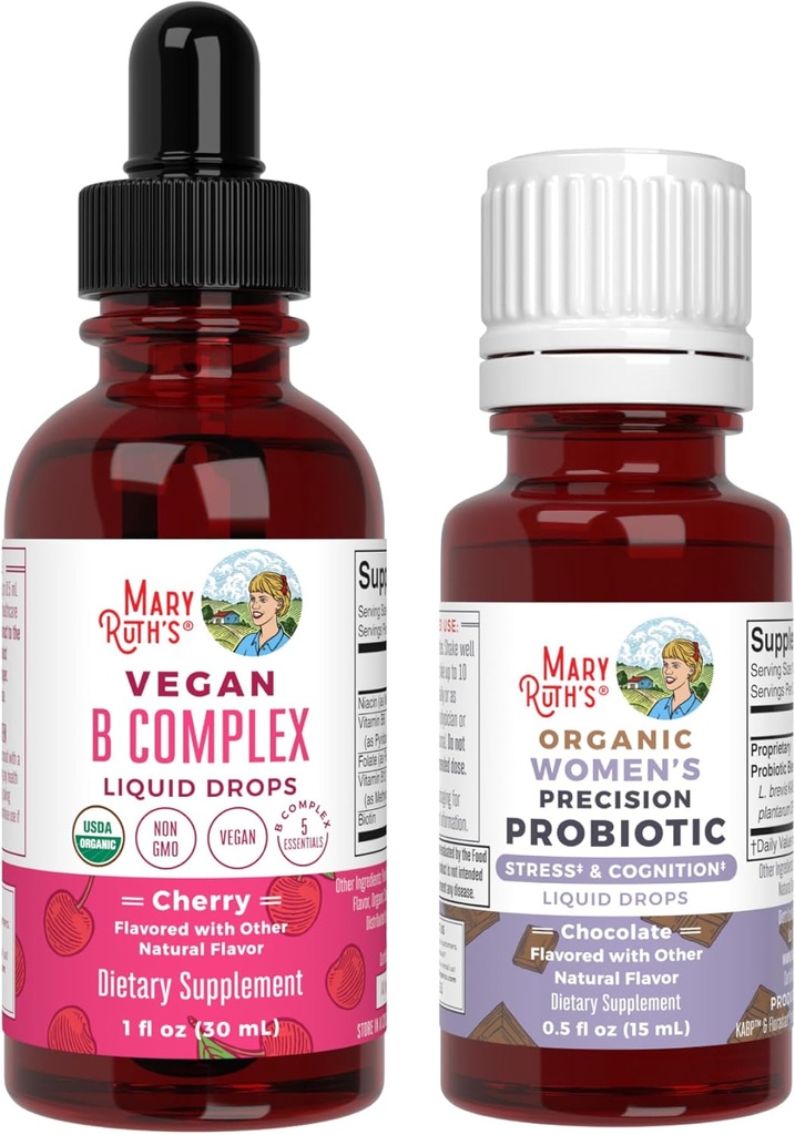 MaryRuth Organics Stress & Cognition Probiotic (Chocolate) per Women & B Complex Drops | USDA Organic, Clean Label Project Verified® | Vitamine per il relax, Metabolismo, & Health | Vegan, Gluten