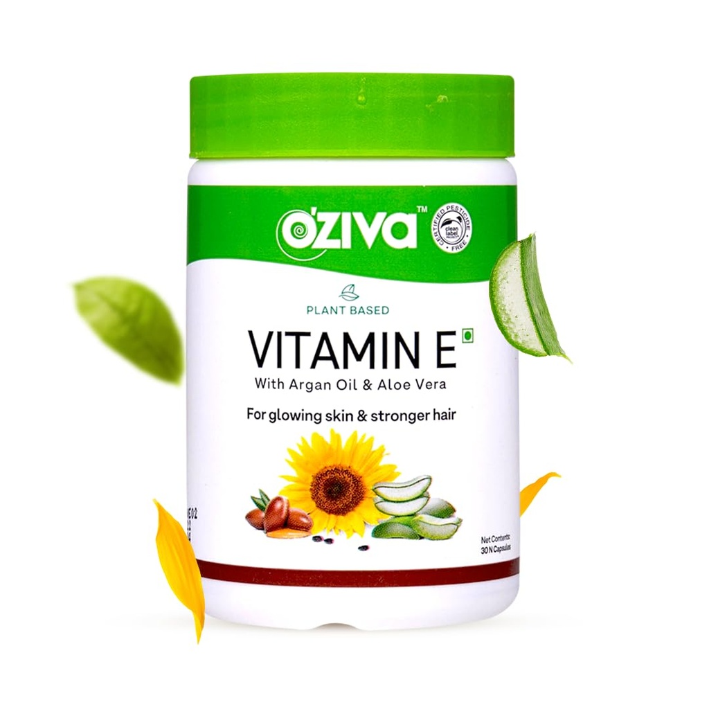 OZiva pianta a base 100% naturale vitamina E + Aloe Vera + olio di Argan per la pelle e capelli più forti, 30 capsule di veg, non OGM