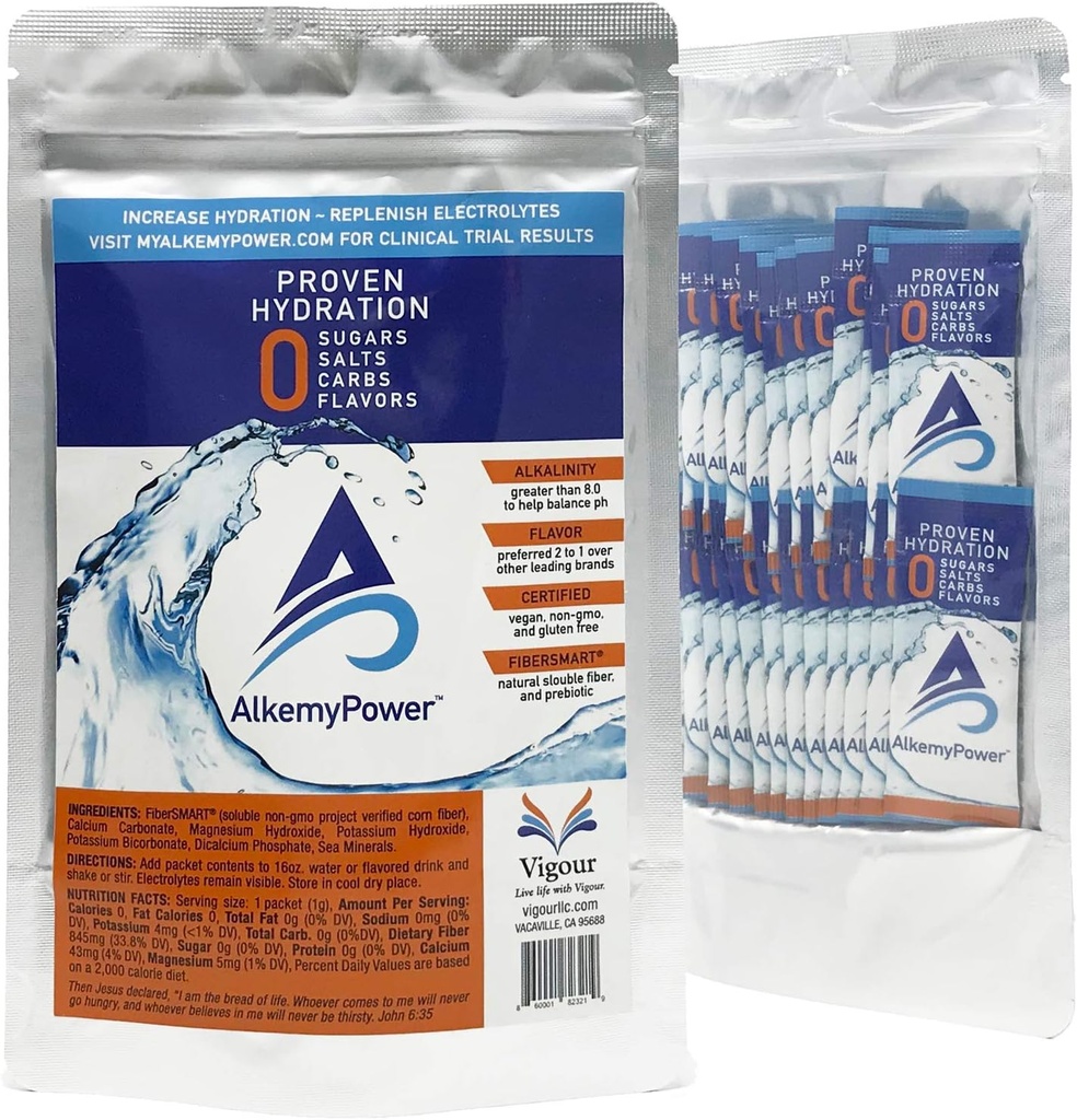AlkemyPowerTM Hydration Electrolyte Powder, senza zuccheri, sali, carboidrati, aromi o calorie, 100% naturale, conveniente Stick Pack, 30 conte