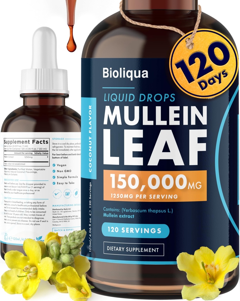 Bioliqua Mullein Gocce per polmoni - Alta resistenza di 150.000mg per 4fl oz Tintura - 120 Serve a 1.250mg per Dose - Detox polmonare & Bronchial Cleanse - Flavour di cocco