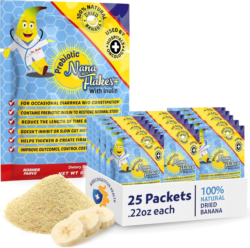 Progetti nutrizionali, Nana prebiotica con Inulina, 100% Pure Banana Flakes, Fibra ad alta proteina e prebiotica, Benessere digestivo, per adulti e bambini 4+ (25 pacchetti a singola dose)
