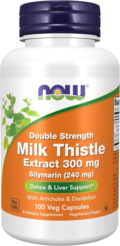 NOW Integratori alimentari, Silymarin Milk Thistle Extract 300 mg con Artichoke e Dandelion, Doppia resistenza, Supporta la funzione del fegato*, 100 capsule di veg