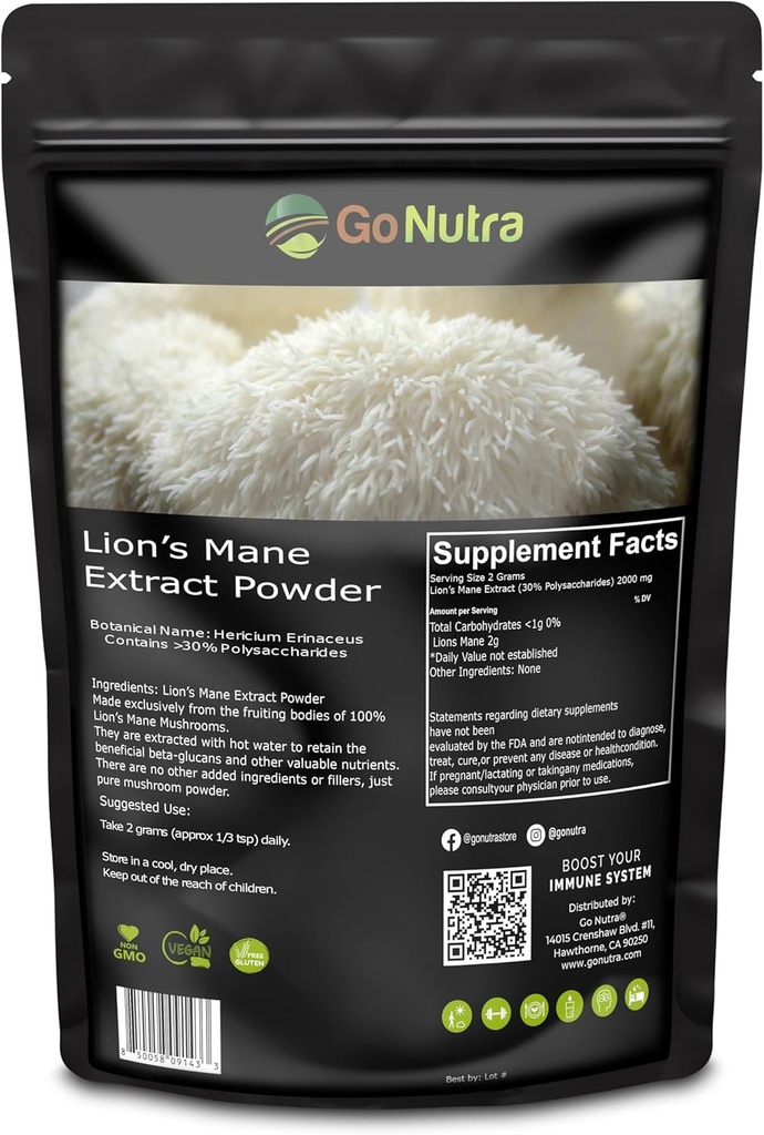 Go Nutra - Polvere di mane del leone, Potent 10:1 polvere di mushroom del leone con il 30% di polisaccaridi, estratto di mane del leone puro per tè, succo, acqua, e altro ancora, Non-GMO, Vegan, 8 oz