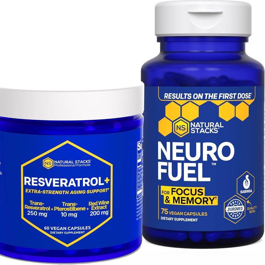 NATURAL STACKS NeuroFuel & Resveratrolo+ Integratore Bundle - Supporta messa a fuoco, Memoria & Salute Cervello Aging* - 135 Capsule