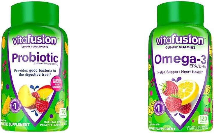 Vitafusion Probiotic Gummy Supplementi, Raspberry, Peach e Mango Sapori & Omega-3 Gummy Vitamins, Berry Limonata Aroma, Vitamine di cuore(1) con Omega