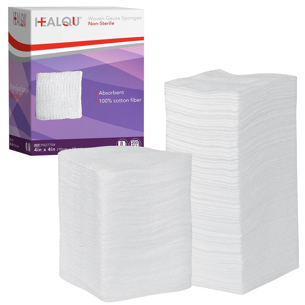 HEALQU 4x4 Gauze Pads - 12 Ply Woven Pack di 200 - Ultra Absorbent Soft Sponge chirurgiche non sterili per abiti, detrito, pulizia e prepping