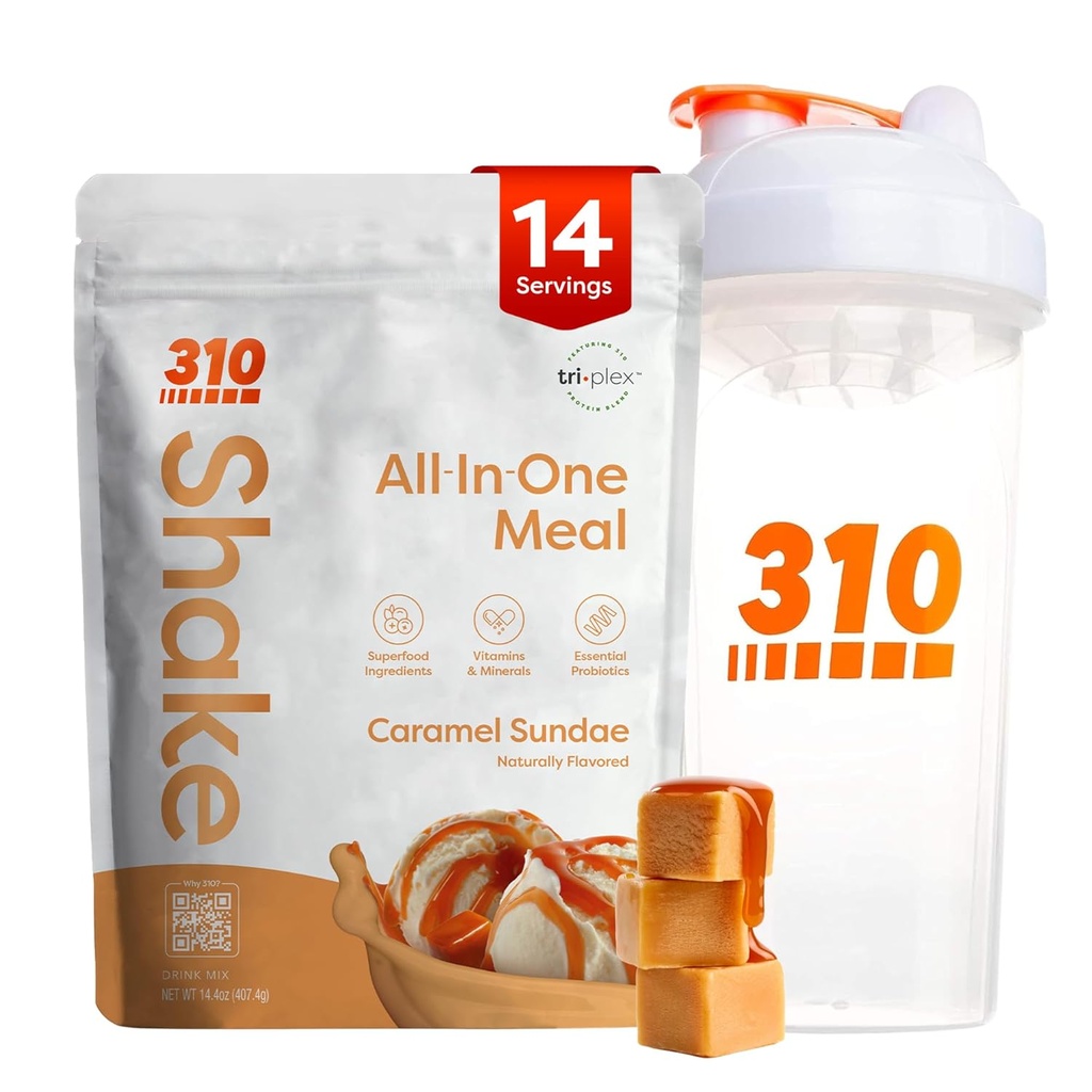 310 Nutrition All-in-One Meal Sostituzione Shake Polvere w/Shaker Cup Starter Kit - Alta fibra proteica Ricco Vegan Superfood Blend - Sugar-Free, Keto & Paleo Friendly, Carb basso - Caramel Sundae 14 srv