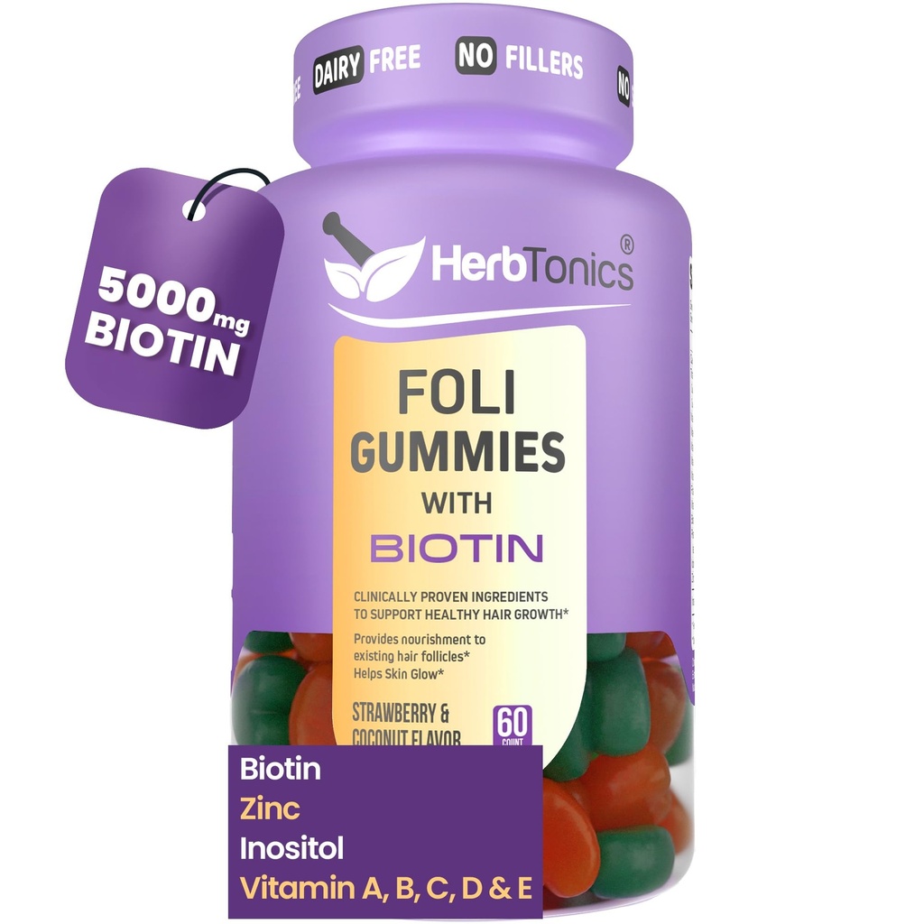 Erbtonici Foli Biotin Gummies con Vitamine dei capelli | Supplemento per la crescita dei capelli per le donne e gli uomini | Capelli, Pelle e Unghie Vitamine Gummie senza zucchero per le donne | 60 Conte