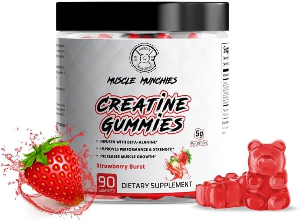 Muscolo Munchies Creatina Chewable Gummies per uomini e donne-infuso con Beta Alanine-5g di Creatina Per Serving-aumenta la forza, la resistenza, & Recovery-Vegan, NonGMO (Strawberry Burst)