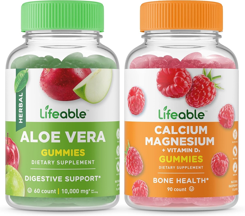Vita Aloe Vera + Magnesio di calcio, Gummies Bundle - Grande degustazione, Supplemento di vitamina, Senza glutine, OGM libero, Masticabile