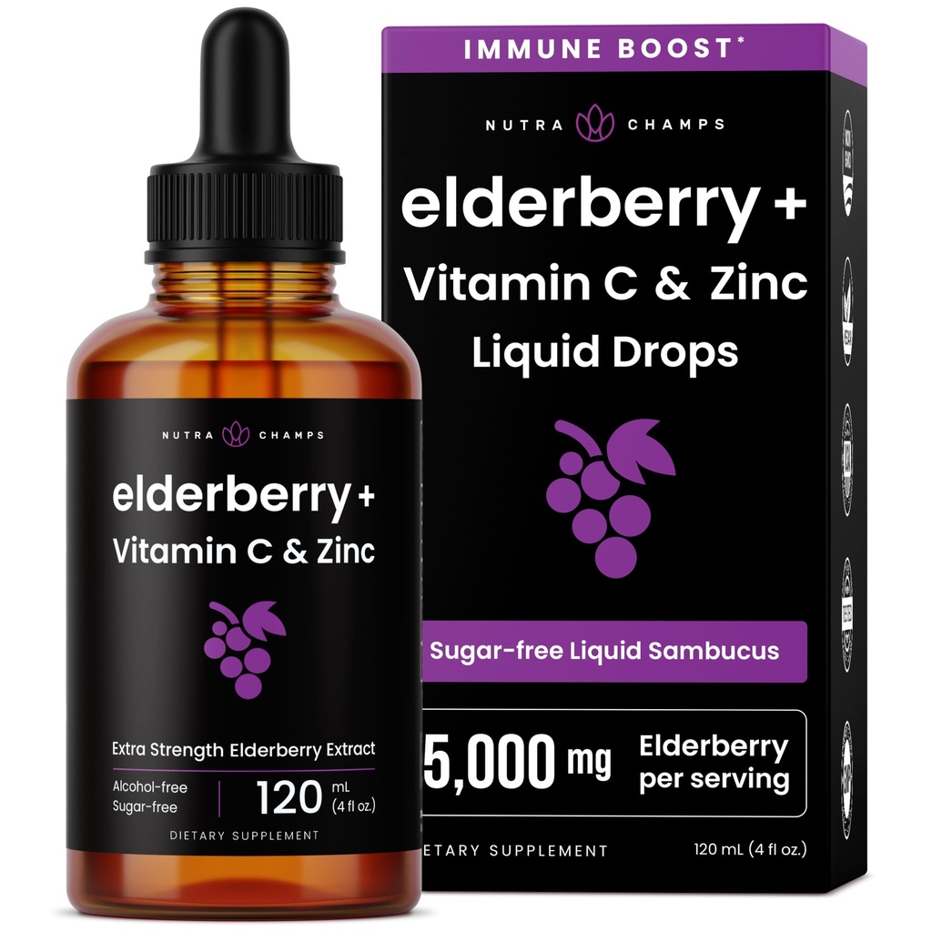 NutraChamps Organic Elderberry Syrup - 5000mg Elderberry Extract with Vitamin C & Zinc - Black Elderberry Liquid Drops - Zucchero-Free Immunity Booster, Vegan, senza glutine