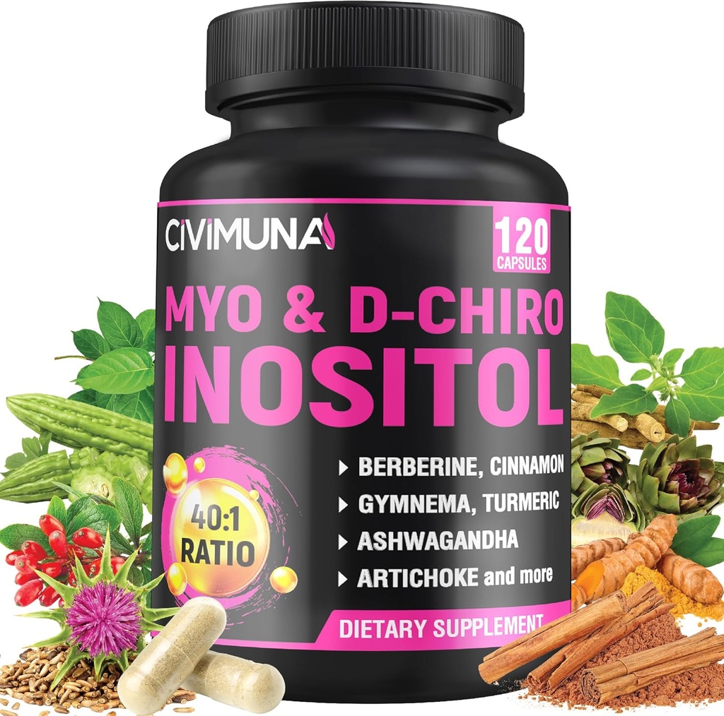 Integratore di inositolo - Myo-Inositol e D-Chiro Inositol Plus Ashwagandha, Berberina, Cannella e 5 Mores - 120 Capsule