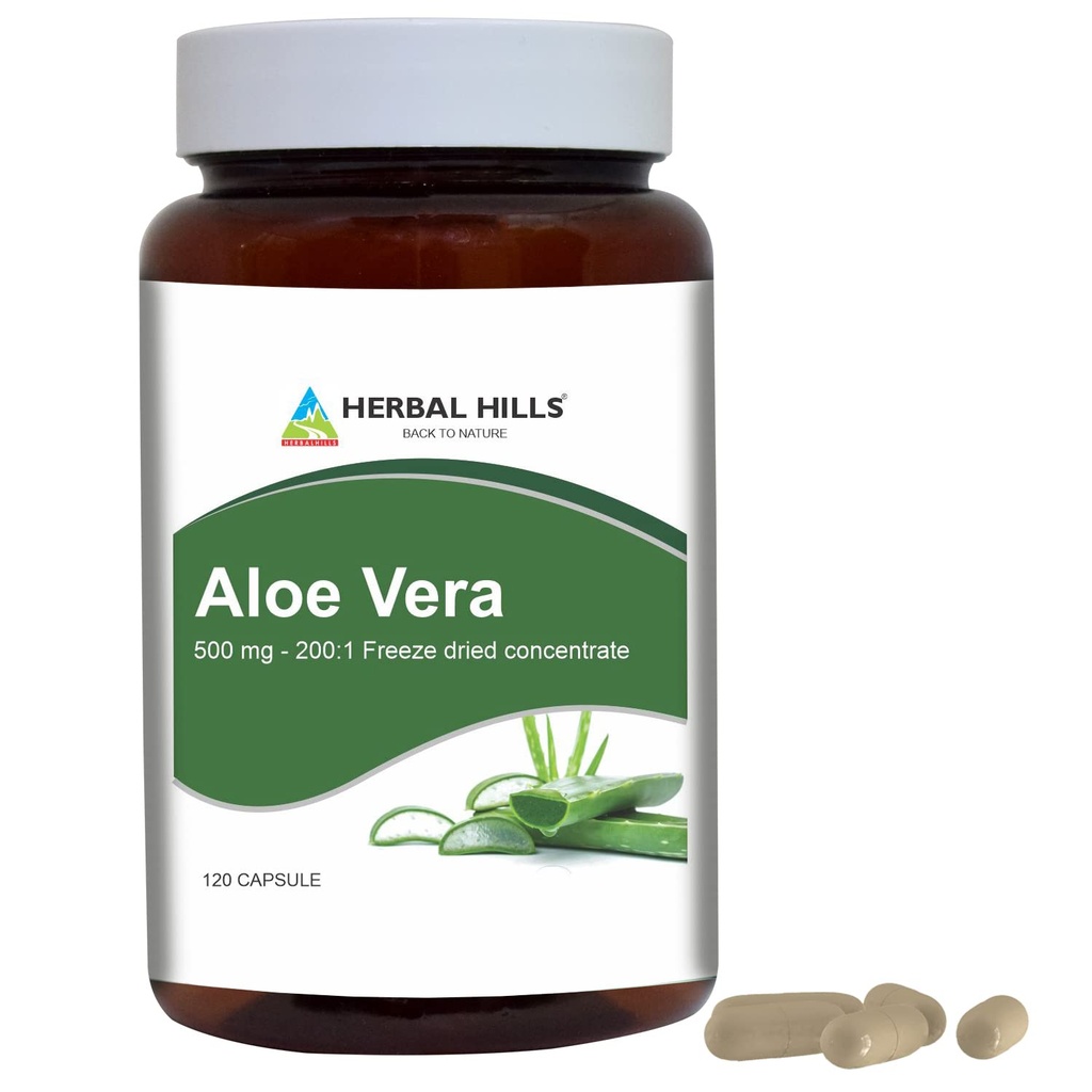 HERBAL HILLS Aloe Vera Capsules (Aloe barbadensis) | 120 capsule (500 mg) | Pure Aloe Freeze Dried Powder Supplement, Alta concentrazione, Supporti Benessere
