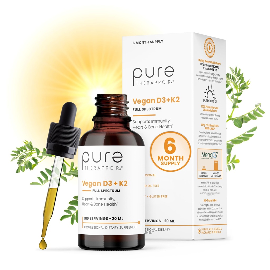 Pure Therapro Rx Vegan D3 + K2 Organic 100% Liposomal 20ml Made in USA | 6 mesi di alimentazione | Assorbimento massimo Vitamina D3 e Vitamina K2 Integratori per Uomini e Donne, D3 Vitamina 5000 IU