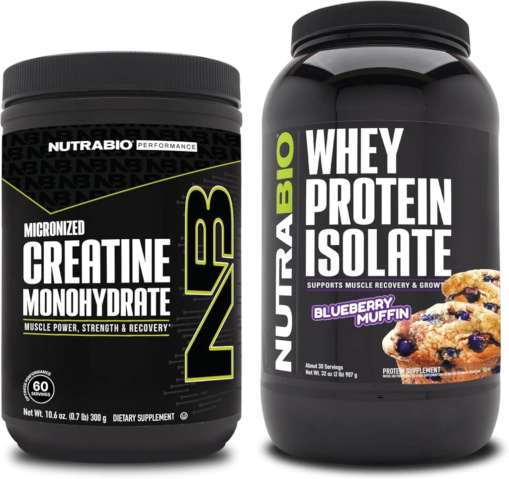 NutraBio Creatina Monoidrato, Unflavored, 300g e Isolato di proteine del siero, Muffin di mirtillo, Integratore Bundle - Energia muscolare, crescita muscolare magra, recupero e resistenza