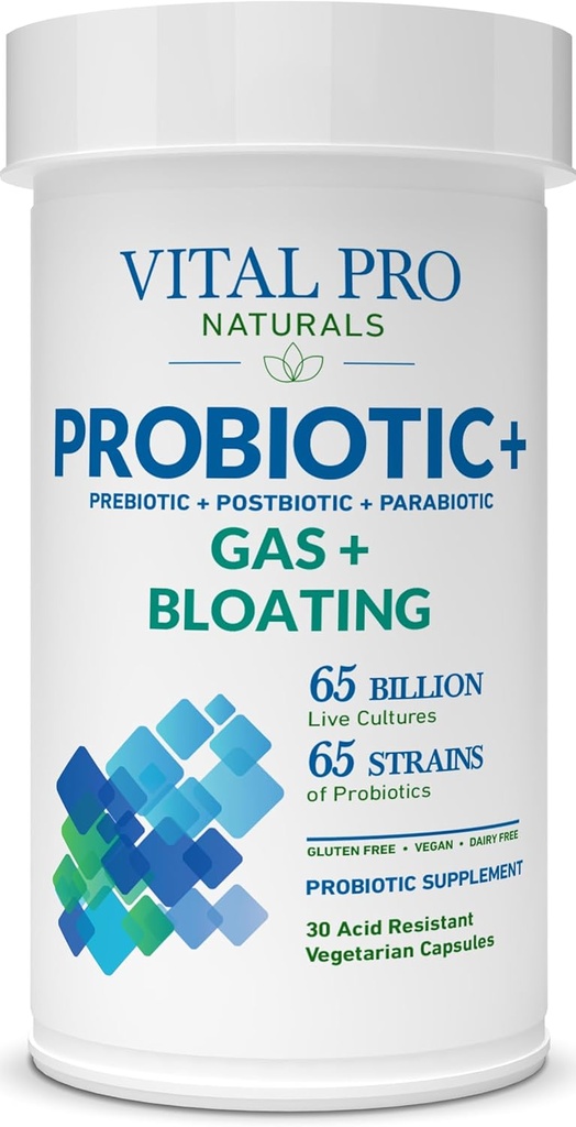 Vital Pro Naturals - Gas & Bloating Probiotics + Prebiotici, Postbiotici, Parabiotici, 4-in-1 Integratore per Adulti, Alta Potenza, 65 Strains, Una volta Daily Digestive e Supporto Immune, 30 ct