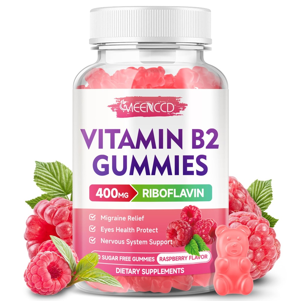 Vitamina B2 Gummies Riboflavin 400mg Supplemento con Magnesio per bambini e adulti, B2 Gummies per il supporto del sistema nervoso e del sollievo della migrania, Vegan, senza zucchero, aroma di lampone, 60 Conte
