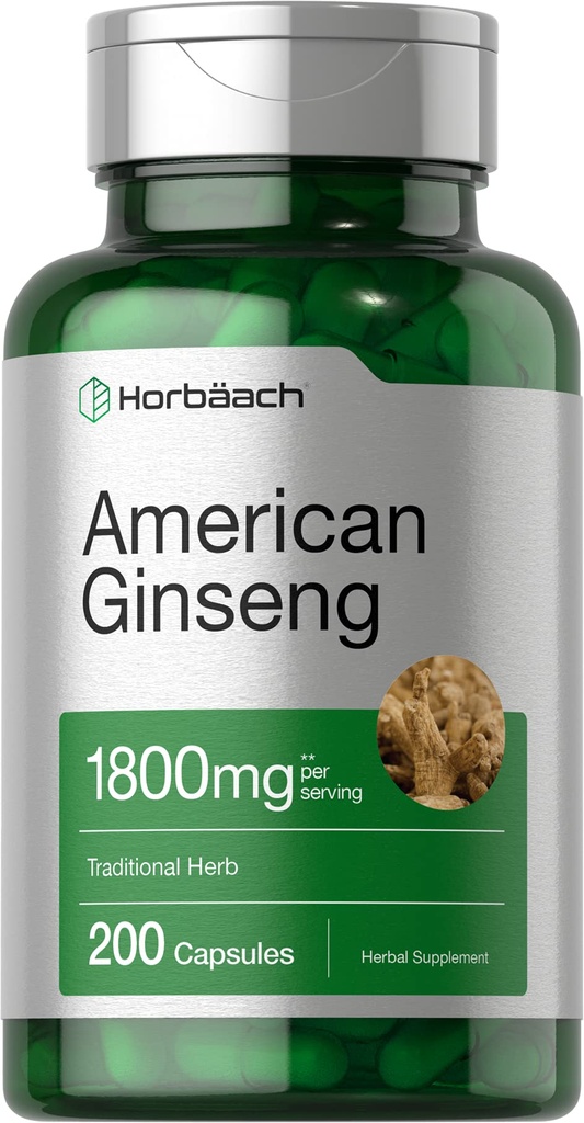 Horbäach American Ginseng Capsule | 1800 mg | 200 Count | Non OGM, Gluten Free Supplement | Ginseng Root Extract Complex