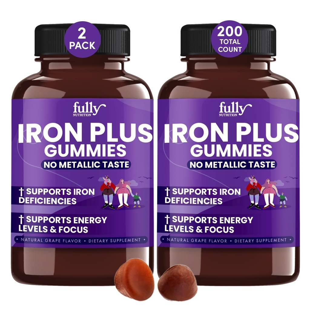 Iron Gummies Integratori per Adulti (Donne, Uomini) e Bambini – Il sapore dell'uva Supporta l'anemia, l'energia e i livelli di messa a fuoco – 200 Conte