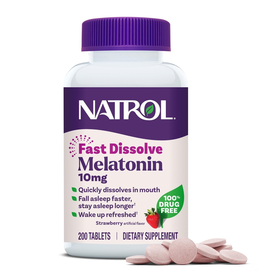 Natrol Melatonin 10mg Tovaglie di dissolve veloce - Fragola Flavor, 200 Conte, Supporto per il sonno, Melatonina dissolva veloce per adulti, 200-Day Supply