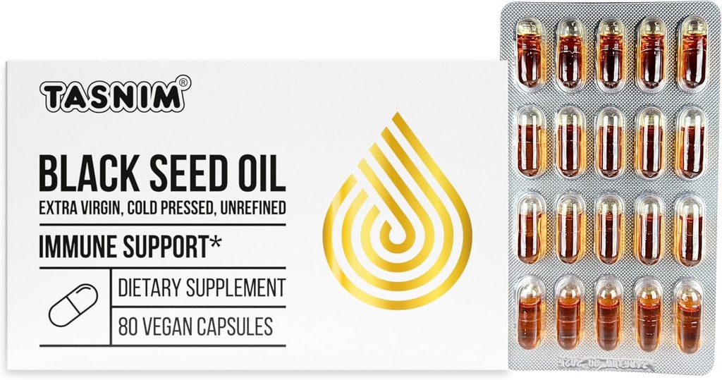Tasnim Black Seed Oil Organic Cold Pressed Capsule 100% Pure Cold-Pressed Black Cumin Seed Oil Nigella Sativa per il supporto immunitario, Joint Comfort e Vitality