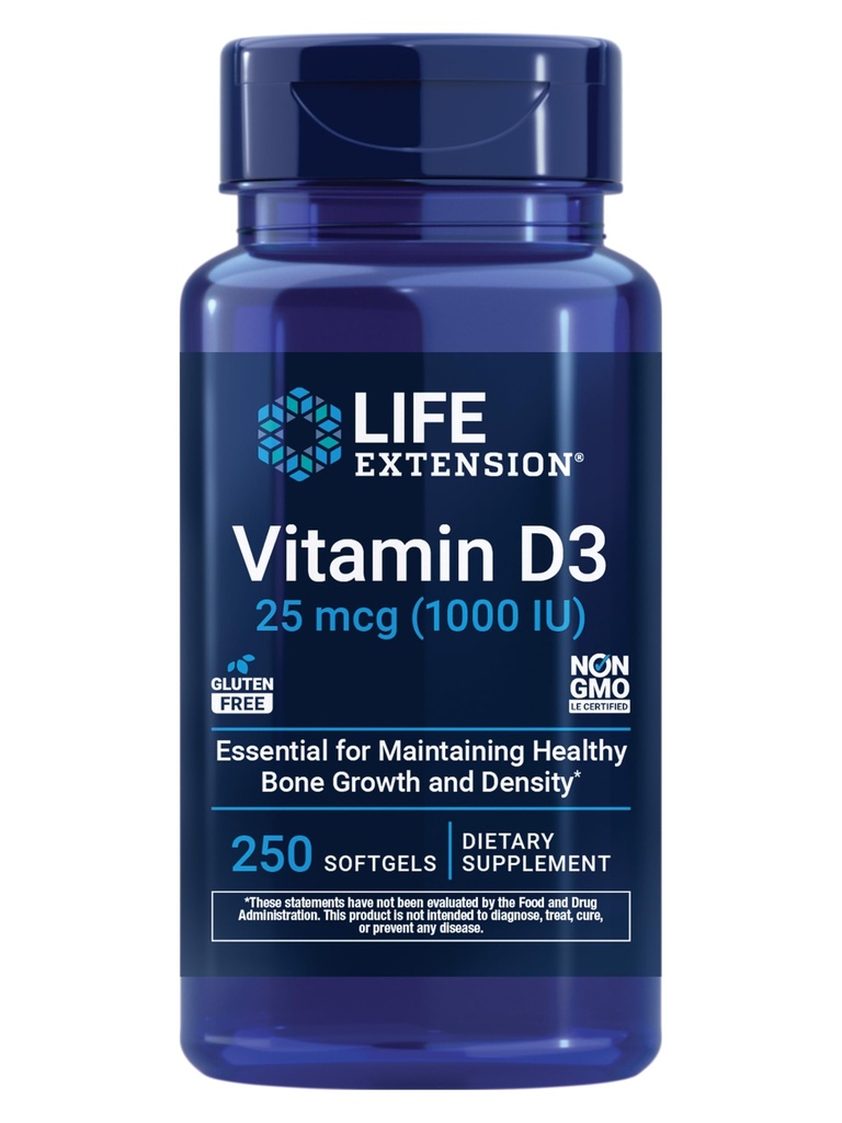 Vitamina D3 25 mcg (1000 IU), Supporto di sistema immunitario, Salute di ossa, Salute totale, Dimensione del valore, Senza glutine, Non OGM, 250 softgels
