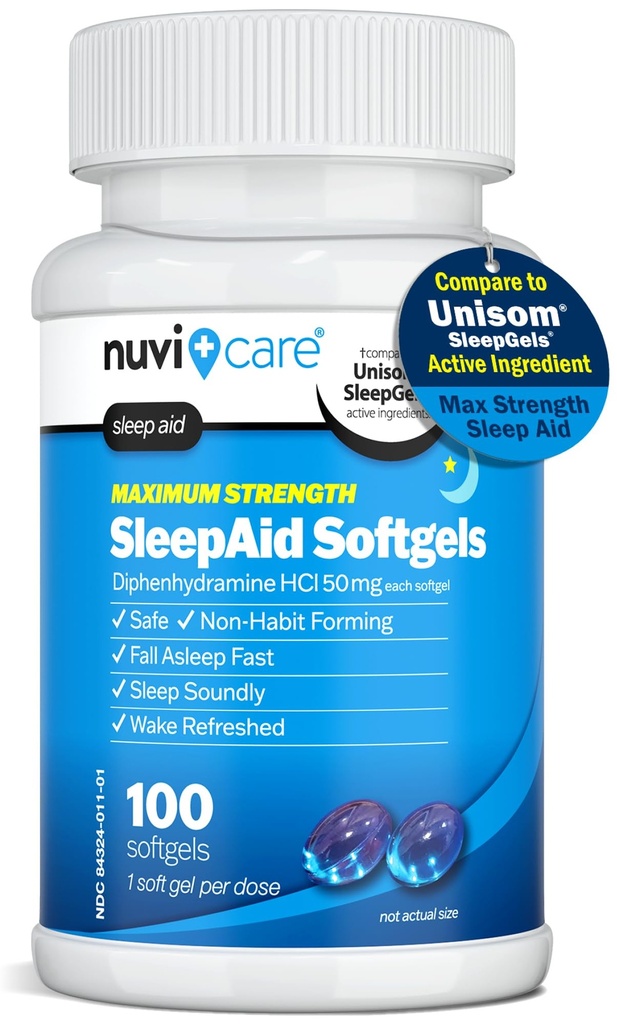 Massima resistenza SleepAid Soft Gel - Nighttime Sleep Aid con Diphenhydramine HCl 50mg - Non Habit Forming Pillole Dormienti per Adulti - Extra Strong OTC Sleep Aids per Adulti (100 Count)