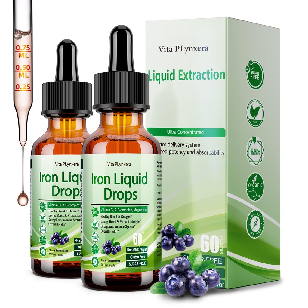 Supplemento 2 confezione di ferro liquido per le donne uomini e bambini, gocce di ferro Vegan con vitamina C D, B12, B-Complex, liquido ad alta potenza con multivitaminico per l'anemia, supporto energetico, ferro di magnesio Gentle