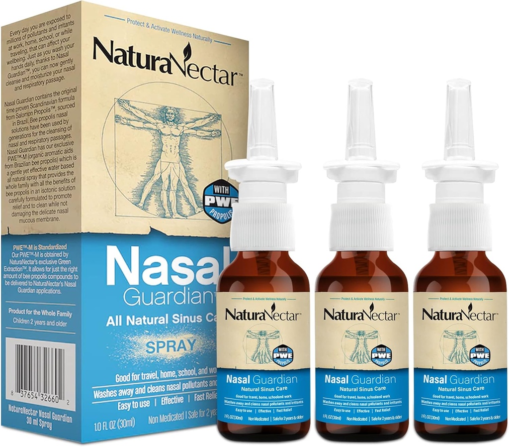 NaturaNectar Bee Propolis Nasal Spray Saline Sinus Rinse & Relief | Pure Brazilian Propolis & Ingredients | Gentle & No Burning Sensation | Nasal Guardian | Apicoltura etica | 1 FL Oz | 3 Pack
