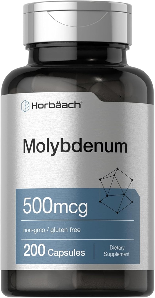 Horbaach Molybdenum Supplemento | 500mcg | 200 capsule | Aminoacido Chelato | Non OGM, Gluten Free
