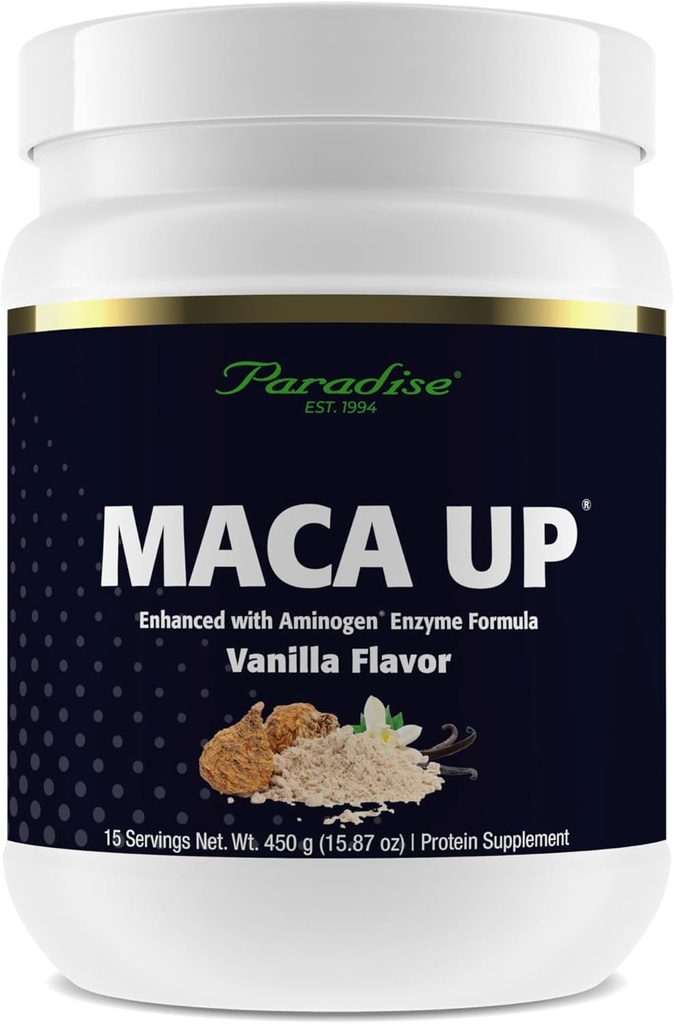 Paradise Herbs Maca Up Vanilla Vegan Protein Powder, Organic Pea & Brown Rice, Maca Root, Aminogen Digestive Enzyme Blend, Nutrim Oat Bran Fiber, 15 Servings, 450 g