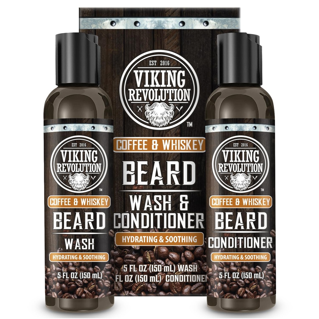 Viking Revolution Beard Wash and Beard Conditioner per gli uomini con olio di Argan e Jojoba Oil- Cuscinetto Ammorbidente e rinforzante Cuscinetto Cura Shampoo e Condizionatore con Ginseng Root(5oz, Whiskey)