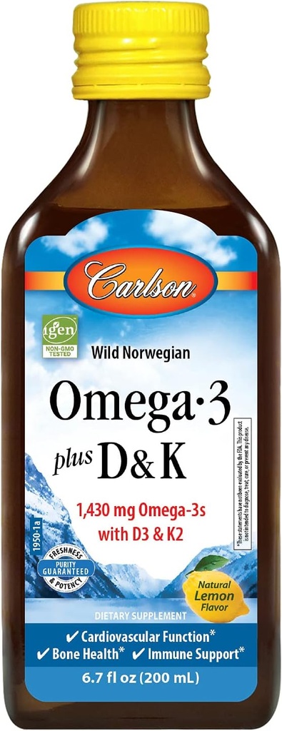Carlson - Omega-3 + D & K, 1430 mg omega-3, 2000 IU (50 mcg) D3, 90 mcg K2 come MK-7, Heart Health, Bone Support, Lemon, 200 mL