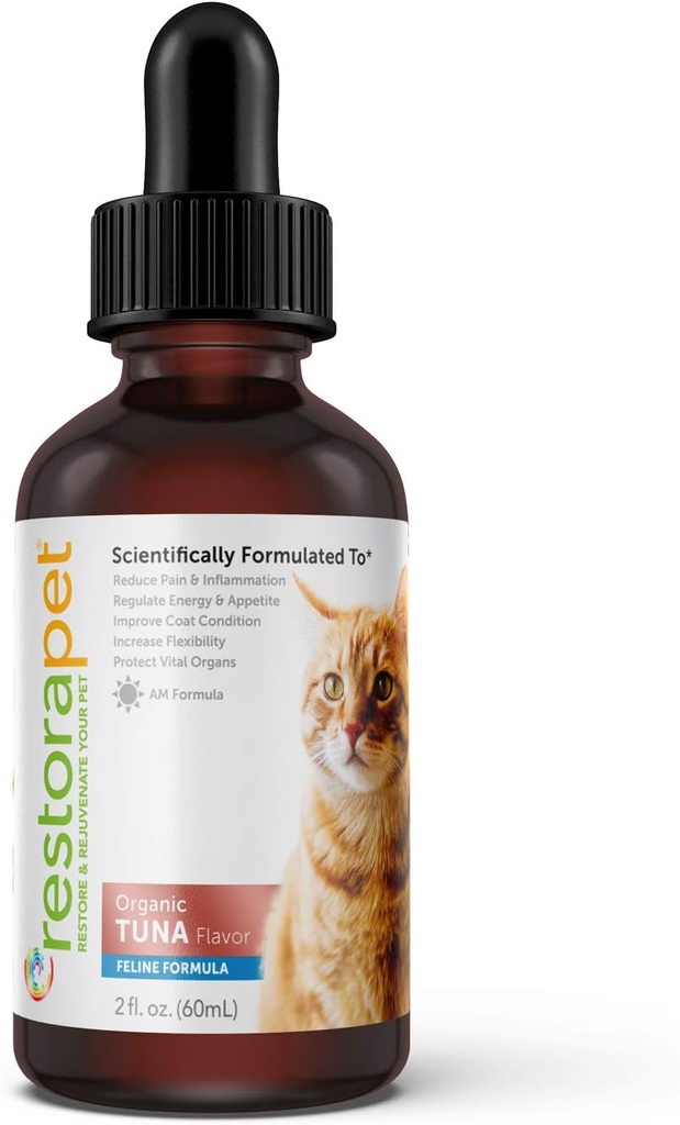 RestoraPet Organic Cat Supplemento | Gocce liquide antiossidanti sane e sicure | Multi-Vitamina Anti-infiammatoria | Aumenta la mobilità e l'energia | Cat Joint Supplement | Tuna aromaed