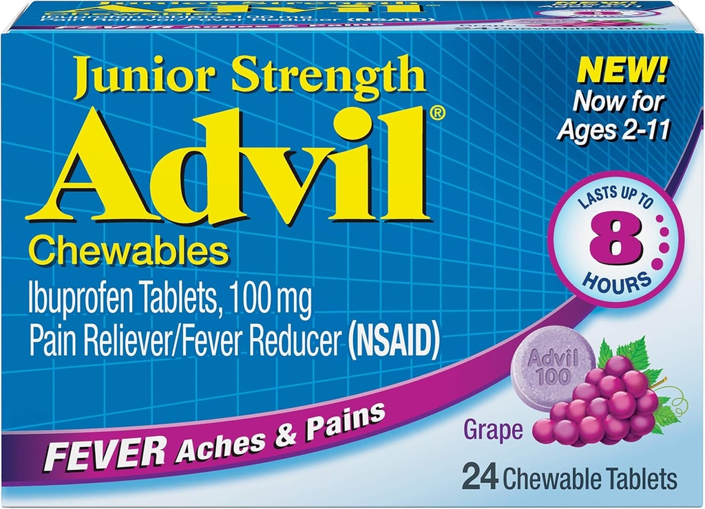 Advil Junior Chewable Ibuprofen Tablets, Uva 100mg, 24 compresse Ogni (Pack di 6)