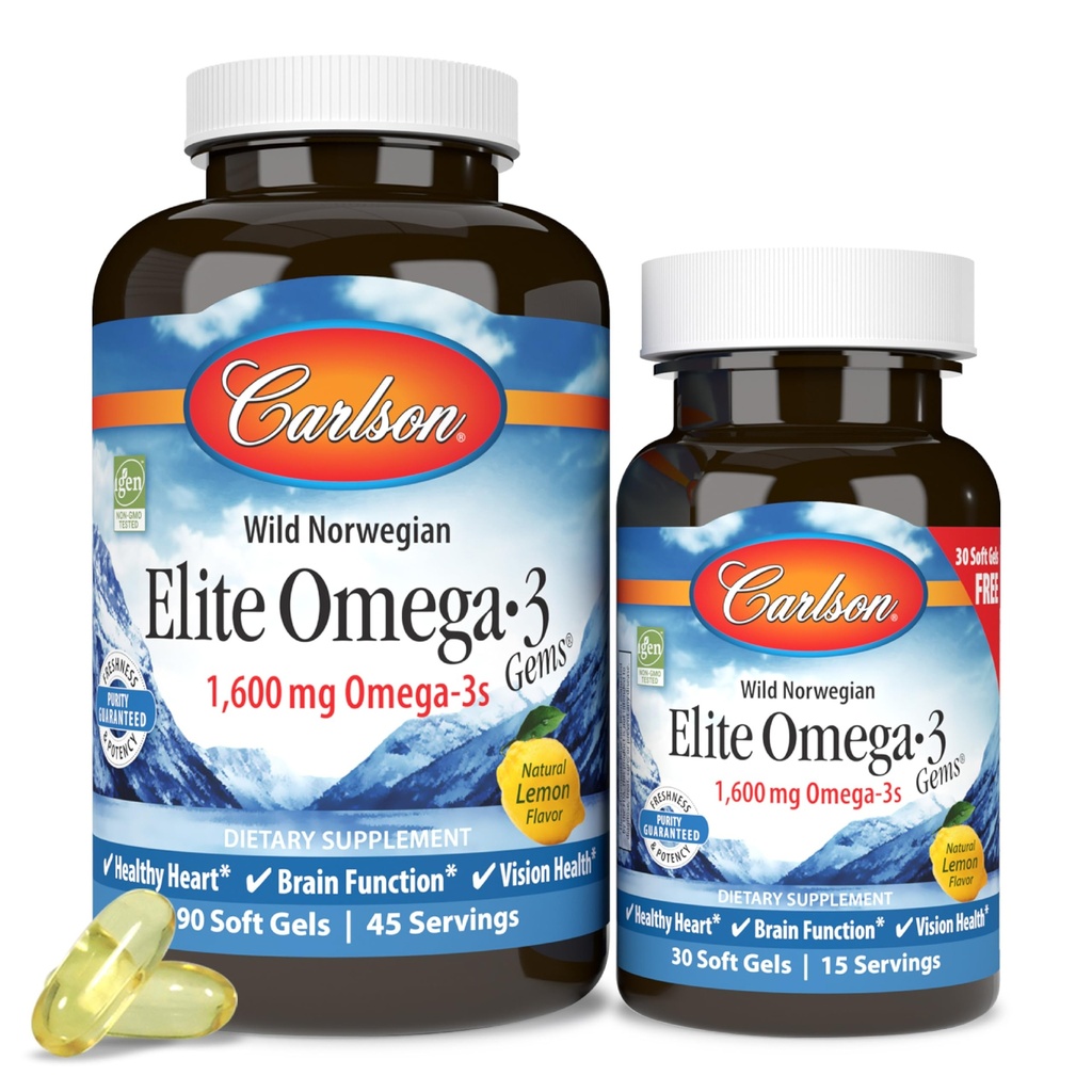 Carlson - Elite Omega-3 Gems,1600 mg Omega-3 acidi grassi compresi EPA e DHA,Norvegia, Wild-Caught olio di pesce supplemento,Sostenibilmente Sourced Capsule, Limone, 90+30 Softgels