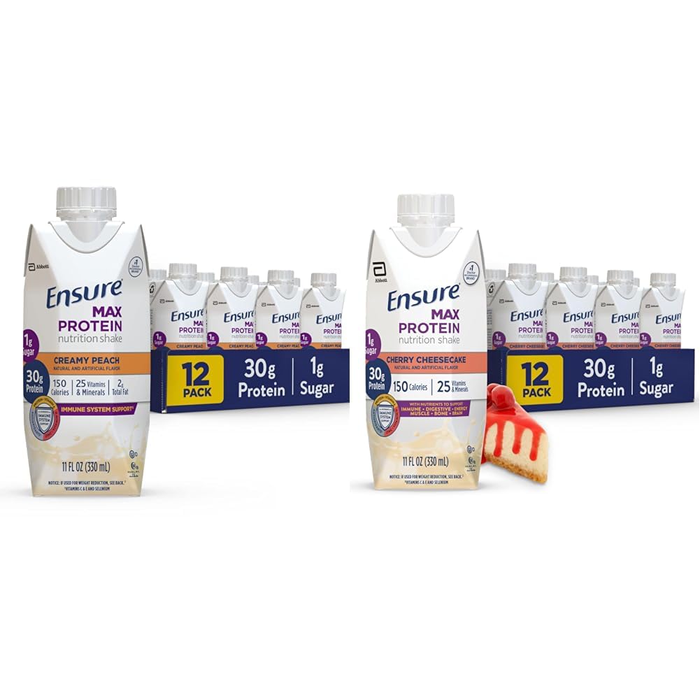 Assicurare Max Protein Nutrition Shake con 30g Protein, 1g Sugar, High Protein Shake, Creamy Peach e Cherry Cheesecake Variety Pack, 11 fl oz, Confezione da 12
