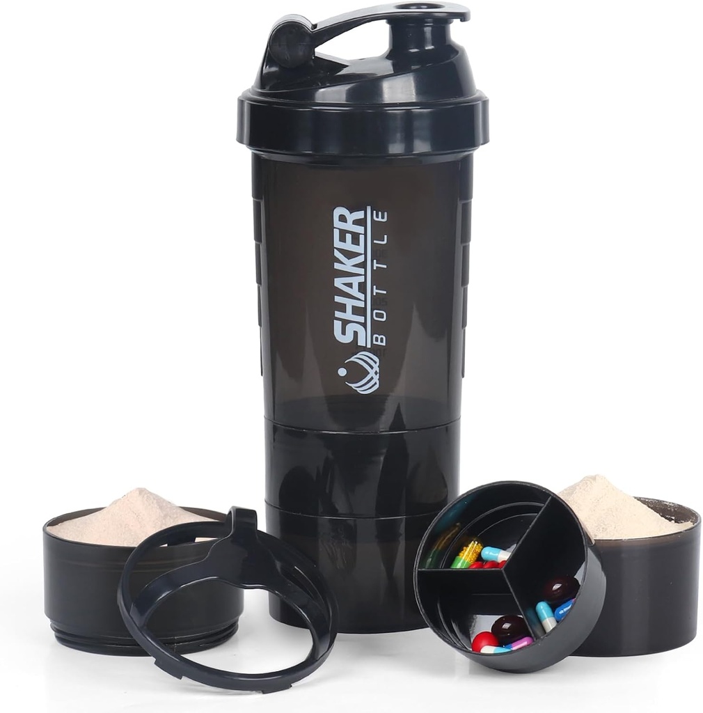 Bottiglie VECH Shaker per miscele proteiche Shaker Leak Proof Water Bottiglia antiscivolo 3 strati twist Off 3 OZ con vassoio per stoccaggio Protein Shake Bottiglia 16 OZ Shake Cup (nero)
