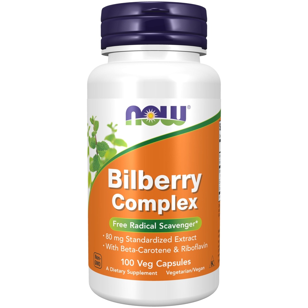 NOW Integratori alimentari, Bilberry (Vaccinium myrtillus)Complex 80 mg con Beta-Carotene & Riboflavin, 100 capsule di Veg