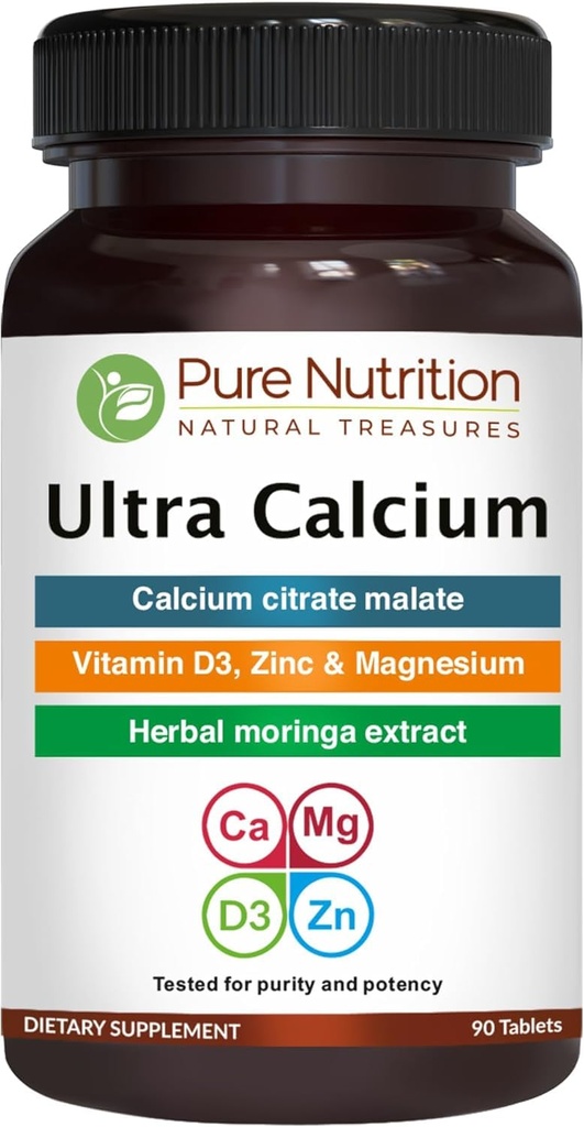 Pure Nutrition Ultra Calcium 1000mg con VIT D3 + K2 | 90 Tab | Supplemento Calcium altamente assorbibile con Calcium Citrate Malate, VIT D3, K2, Moringa Oleifera, Magnesio e Zinco.