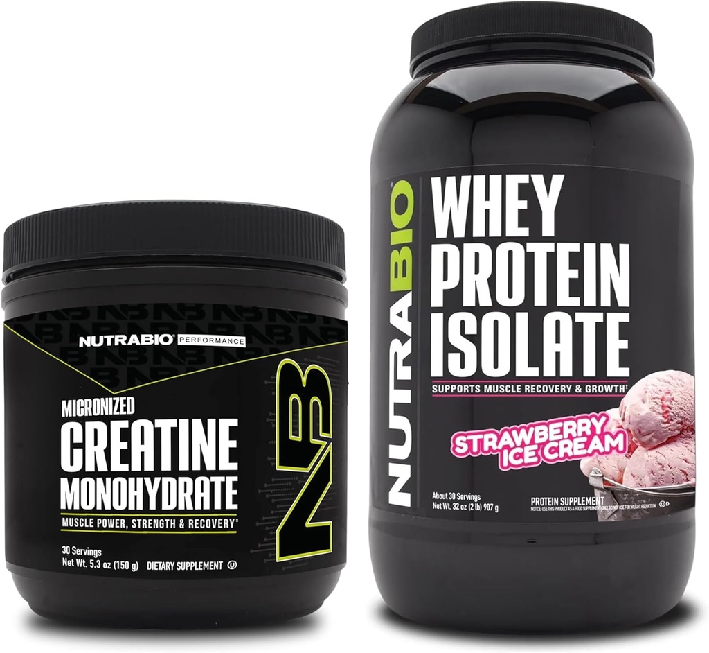 NutraBio Creatina monoidrato, non aromatizzato, 150g e proteine del siero, gelato alla fragola, supplemento Bundle - energia muscolare, crescita muscolare magra, recupero e resistenza