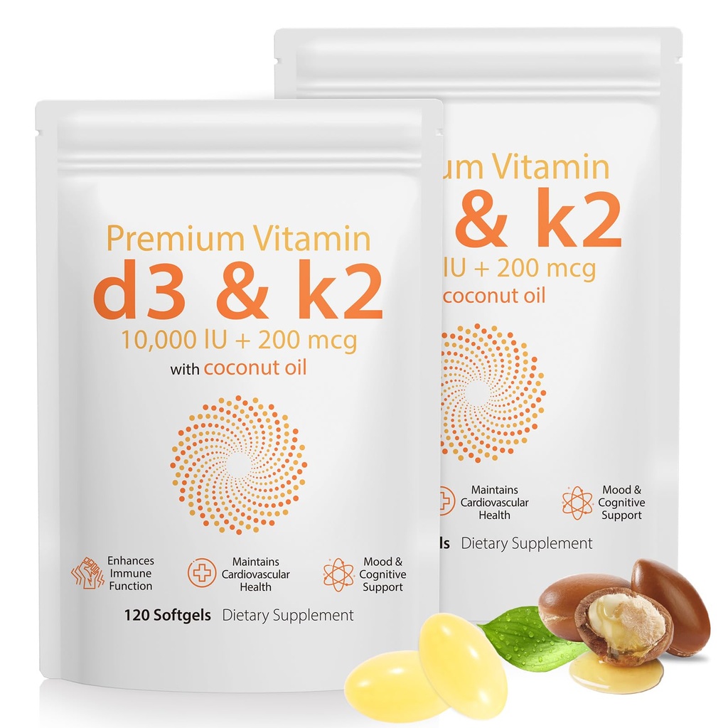 D3 K2 Vitamina 10000 IU - 240 Virgin Coconut Oil Softgels, 2 in 1 Vitamina D & K supplemento complesso Softgel - Supporto immunitario e assorbimento di calcio, Bone e salute del cuore (240 conteggio (pacchetto di 2))