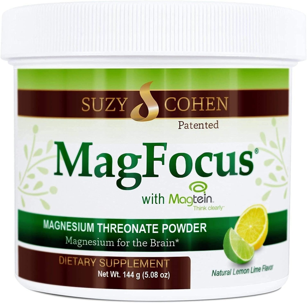 Suzy Cohen MagFocus Magnesium Threonate Powder Integratore alimentare 200mg, Nerve sana, Cognizione di supporto, Energia, Salute di uno, Stevia, Limone Flavor, 60 Serve