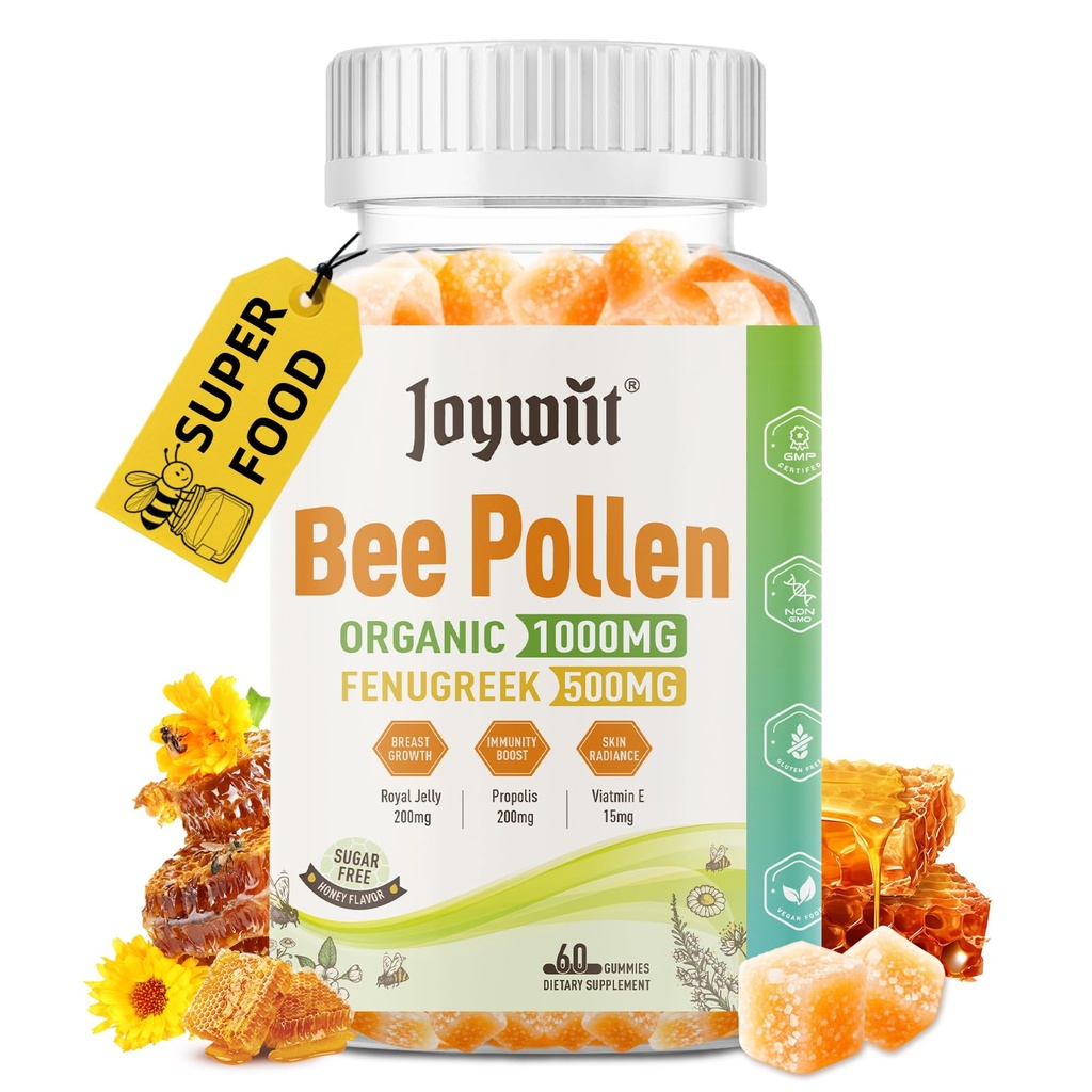 Ape Pollen 1000mg Zucchero Gummies, w/Fenugreek, Royal Jelly, Propolis, Organic Bee Pollen Chewable Supplement per le donne, Ricco di vitamina E, Immunity & Skin Care, 60 conti